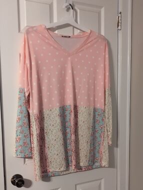 Lily Pink Polka Dot & Floral Mixed-Print V-Neck Blouse